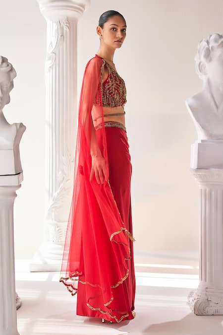 Shop Mandira Wirk - Indian Red Satin, Net Beads, Tassels, Embroidery V-neck Draped Skirt Set Online at Aza Fashions Shop_Mandira Wirk - Indian_Red Satin, Net Beads, Tassels, Embroidery V-neck Draped Skirt Set _Online_at_Aza_Fashions