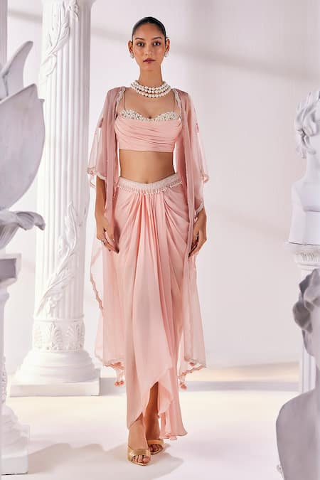 Mandira Wirk Peach Satin Georgette Embroidered Pearl Ruched Corset Draped Skirt Set