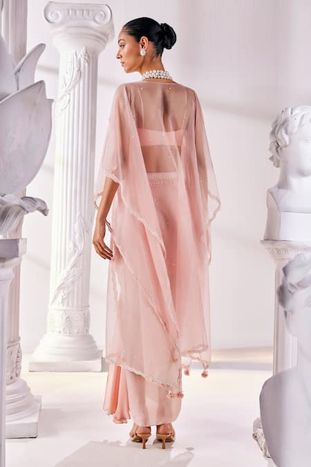 Mandira Wirk - Indian Peach Satin, Georgette, Organza Pearls, Ruched Corset Draped Skirt Set Online at Aza Fashions Mandira Wirk - Indian_Peach Satin, Georgette, Organza Pearls, Ruched Corset Draped Skirt Set _Online_at_Aza_Fashions