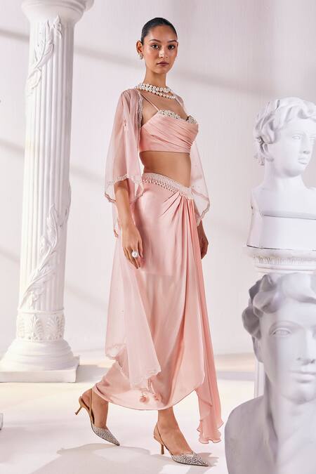 Buy Mandira Wirk - Indian Peach Satin, Georgette, Organza Pearls, Ruched Corset Draped Skirt Set Online at Aza Fashions Buy_Mandira Wirk - Indian_Peach Satin, Georgette, Organza Pearls, Ruched Corset Draped Skirt Set _Online_at_Aza_Fashions