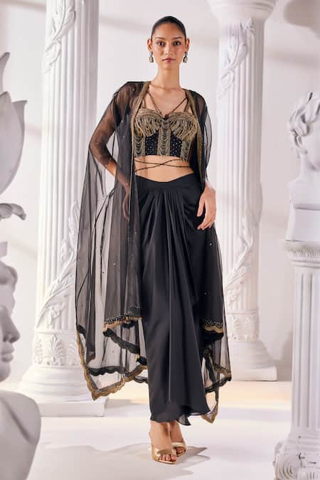 Mandira Wirk Black Net Embroidered Sequin Sweetheart And Cutdana Work Draped Skirt Set