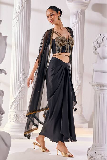 Shop Mandira Wirk - Indian Black Satin, Georgette, Net, Organza Cut Work, And Cutdana Draped Skirt Set Online at Aza Fashions Shop_Mandira Wirk - Indian_Black Satin, Georgette, Net, Organza Cut Work, And Cutdana Draped Skirt Set _Online_at_Aza_Fashions
