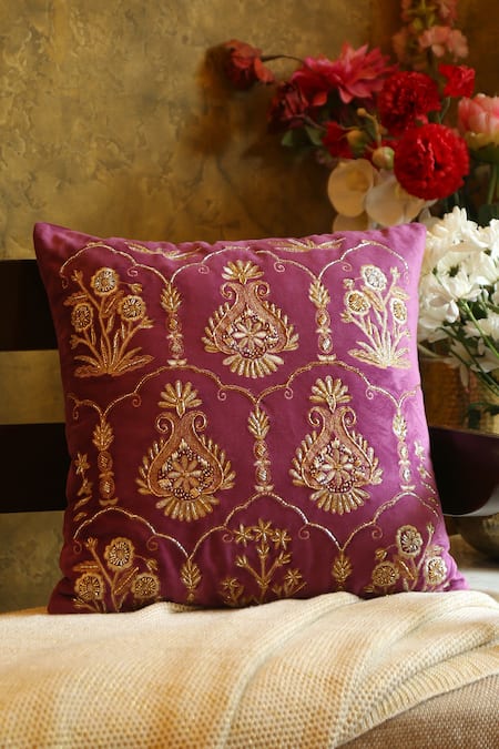 Amoliconcepts Purple Viscose Velvet Bead Paisley Embroidered Cushion Cover