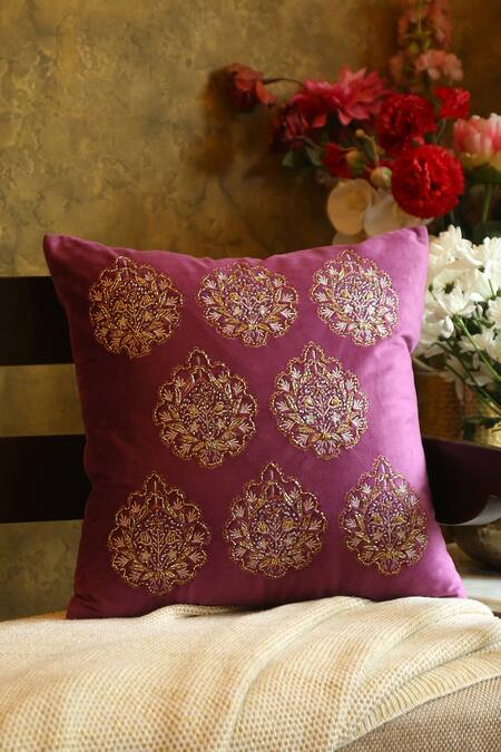 Amoliconcepts Purple Viscose Velvet Bead Flower Embellished Cushion Cover