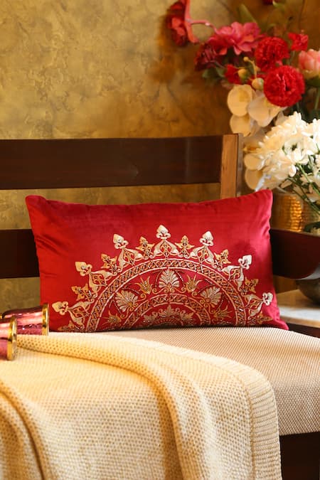Amoliconcepts Red Viscose Velvet Bead Mandala Embellished Cushion Cover