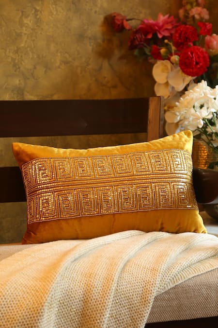 Amoliconcepts Yellow Viscose Velvet Bead Sequin Embroidered Cushion Cover