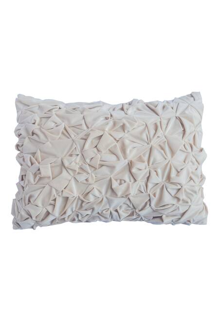 Shop Sittara Workz Off White Velvet Crumble Pie Pleated Cushion at Aza Fashions Shop_Sittara Workz_Off White Velvet Crumble Pie Pleated Cushion_at_Aza_Fashions