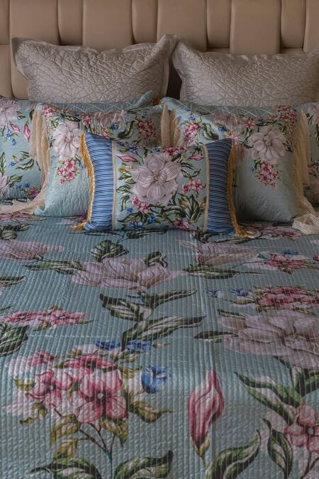 Shop_Sittara Workz_Blue Faux Silk Floral English Summer Print Bedding Set_at_Aza_Fashions