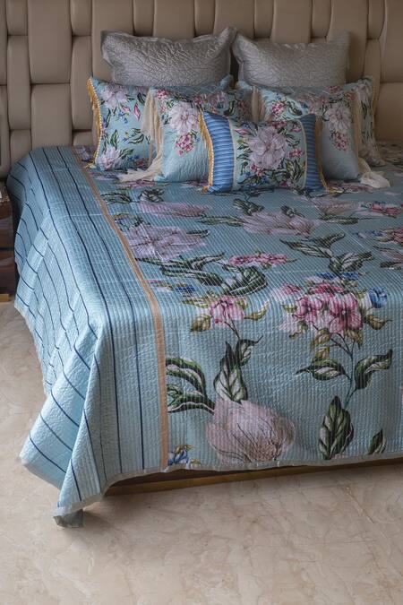 Sittara Workz_Blue Faux Silk Floral English Summer Print Bedding Set_at_Aza_Fashions