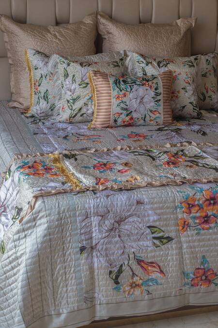 Sittara Workz_Ivory Faux Silk Flower English Summer Print Bedding Set_at_Aza_Fashions
