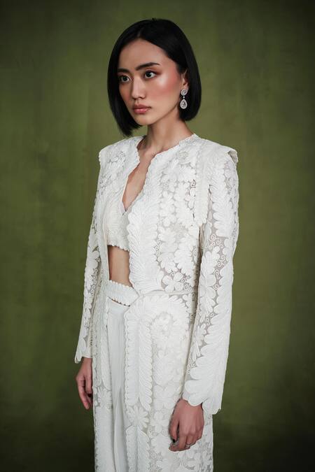 Buy Pankaj & Nidhi Ivory Tulle, Silk Organza Embroidery Open Neck Conquistador Pearl Work Jacket Buy_Pankaj & Nidhi_Ivory Tulle, Silk Organza Embroidery Open Neck Conquistador Pearl Work Jacket
