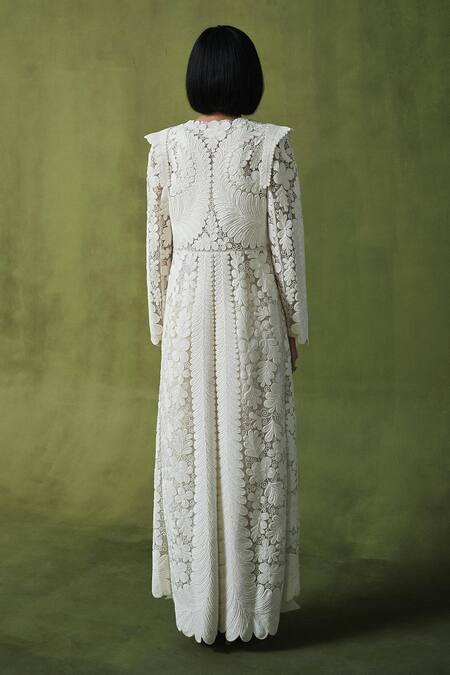 Shop Pankaj & Nidhi Ivory Tulle, Silk Organza Embroidery Open Neck Conquistador Pearl Work Jacket Shop_Pankaj & Nidhi_Ivory Tulle, Silk Organza Embroidery Open Neck Conquistador Pearl Work Jacket