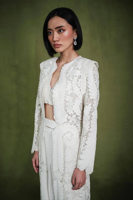Shop_Pankaj & Nidhi_Ivory Tulle, Organza, Pearls High Conquistador Jacket Draped Pant Set 