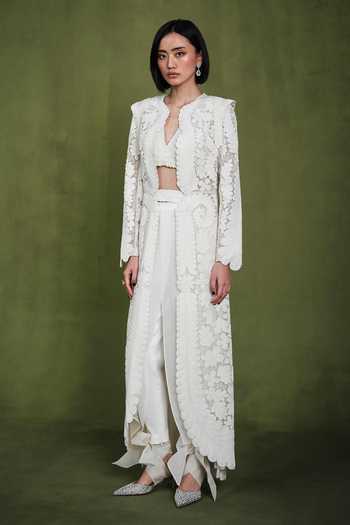 Shop Pankaj & Nidhi Ivory Tulle, Organza, Pearls High Conquistador Jacket Draped Pant Set Online at Aza Fashions Shop_Pankaj & Nidhi_Ivory Tulle, Organza, Pearls High Conquistador Jacket Draped Pant Set _Online_at_Aza_Fashions