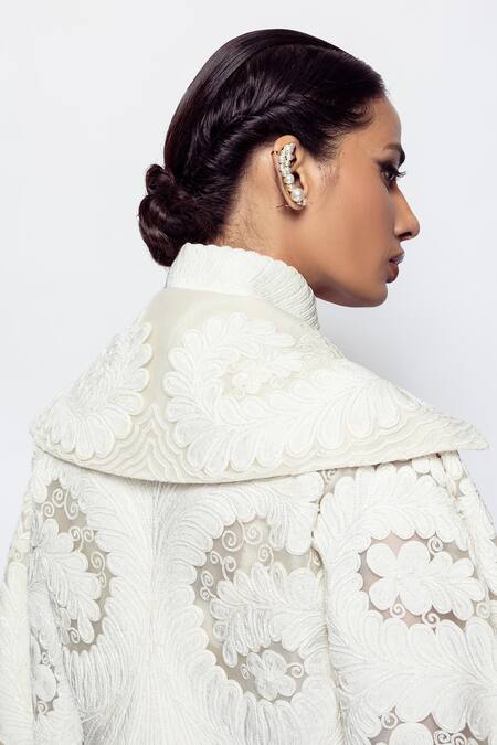 Pankaj & Nidhi_Ivory Tulle, Silk Organza Pearls Shawl Neck Yin Yang Cord Work Bomber Jacket _at_Aza_Fashions