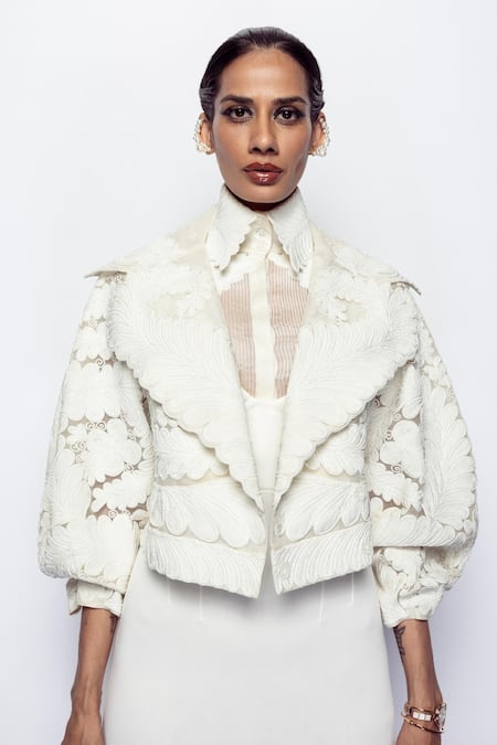 Buy_Pankaj & Nidhi_Ivory Tulle, Silk Organza Pearls Shawl Neck Yin Yang Cord Work Bomber Jacket 