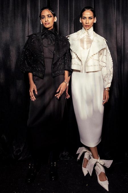 Buy_Pankaj & Nidhi_Ivory Neoprene, Silk Yin Yang Bodycon Dress With Encrusted Bomber Jacket 