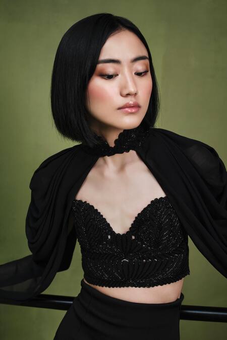 Pankaj & Nidhi Black Satin, Neoprene, Silk Embroidery Aztec Goddess Quilted Corset Skirt Set at Aza Fashions Pankaj & Nidhi_Black Satin, Neoprene, Silk Embroidery Aztec Goddess Quilted Corset Skirt Set _at_Aza_Fashions