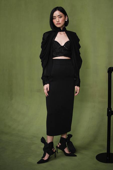 Buy Pankaj & Nidhi Black Satin, Neoprene, Silk Embroidery Aztec Goddess Quilted Corset Skirt Set Buy_Pankaj & Nidhi_Black Satin, Neoprene, Silk Embroidery Aztec Goddess Quilted Corset Skirt Set