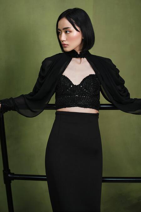 Shop Pankaj & Nidhi Black Satin, Neoprene, Silk Embroidery Aztec Goddess Quilted Corset Skirt Set Shop_Pankaj & Nidhi_Black Satin, Neoprene, Silk Embroidery Aztec Goddess Quilted Corset Skirt Set