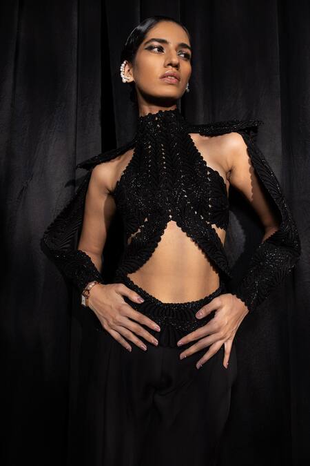 Shop_Pankaj & Nidhi_Black Silk Organza, Satin High Neck Noire Encrusted Pourpoint Cord Work Harness _Online_at_Aza_Fashions