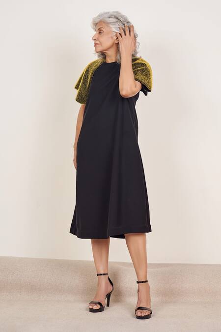 Shop_Somya Goyal_Blue Polyester Embroidery Round Neck Raglan Overlay A-line Dress_Online_at_Aza_Fashions