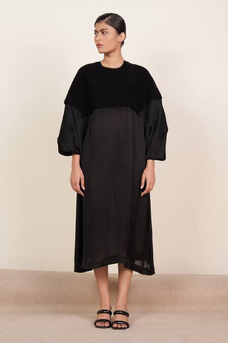 Somya Goyal_Black Polyester Embroidery Round Neck Raindrops Dress_at_Aza_Fashions