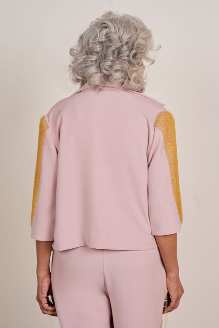 Shop Somya Goyal Pink Polyester Embroidery Collared Winged Embellished Crystal Short Jacket at Aza Fashions Shop_Somya Goyal_Pink Polyester Embroidery Collared Winged Embellished Crystal Short Jacket_at_Aza_Fashions