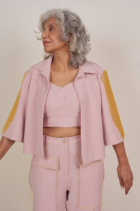 Somya Goyal Pink Polyester Embroidery Collared Winged Embellished Crystal Short Jacket Online at Aza Fashions Somya Goyal_Pink Polyester Embroidery Collared Winged Embellished Crystal Short Jacket_Online_at_Aza_Fashions