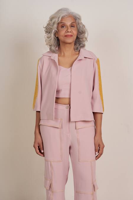 Buy Somya Goyal Pink Polyester Embroidery Collared Winged Embellished Crystal Short Jacket Online at Aza Fashions Buy_Somya Goyal_Pink Polyester Embroidery Collared Winged Embellished Crystal Short Jacket_Online_at_Aza_Fashions