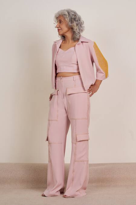 Shop Somya Goyal Pink Polyester Embroidery Collared Winged Embellished Crystal Short Jacket Online at Aza Fashions Shop_Somya Goyal_Pink Polyester Embroidery Collared Winged Embellished Crystal Short Jacket_Online_at_Aza_Fashions