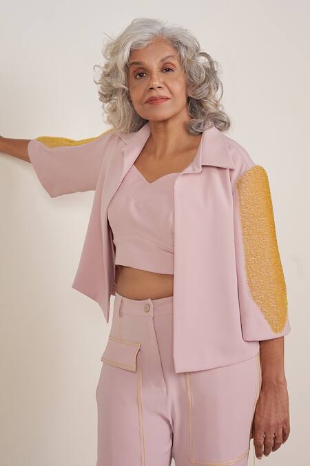 Somya Goyal Pink Polyester Embroidery Collared Winged Embellished Crystal Short Jacket at Aza Fashions Somya Goyal_Pink Polyester Embroidery Collared Winged Embellished Crystal Short Jacket_at_Aza_Fashions