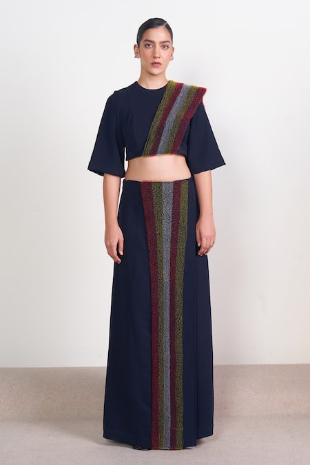 Somya Goyal Blue Polyester Embroidery Loop Attached Pallu Blouse With Pre-draped Saree