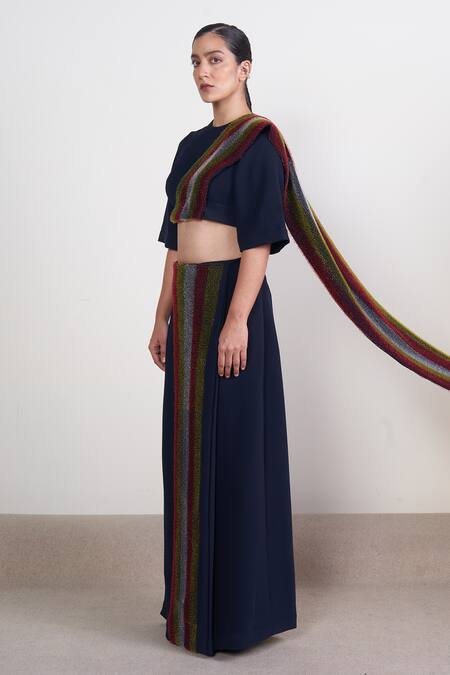 Somya Goyal_Blue Polyester Embroidery Loop Attached Pallu Blouse With Pre-draped Saree_at_Aza_Fashions