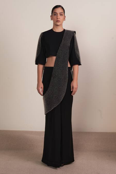 Somya Goyal_Black Polyester Embroidery Round Contour Pallu Pre-stitched Saree With Blouse_Online_at_Aza_Fashions