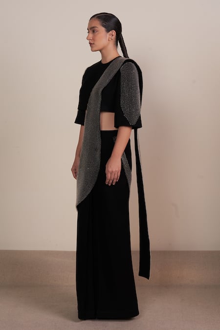 Shop_Somya Goyal_Black Polyester Embroidery Round Contour Pallu Pre-stitched Saree With Blouse_Online_at_Aza_Fashions