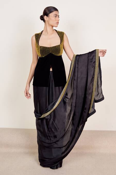 Somya Goyal Black Polyester Embroidery Scoop Neck Border Saree With Blouse Online at Aza Fashions Somya Goyal_Black Polyester Embroidery Scoop Neck Border Saree With Blouse_Online_at_Aza_Fashions