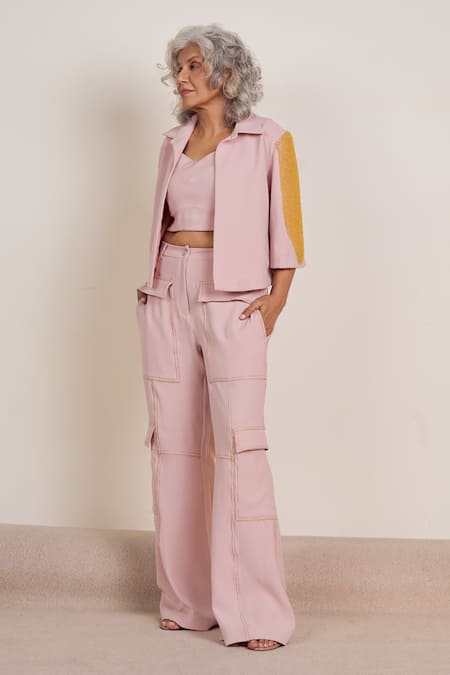 Shop_Somya Goyal_Pink Polyester Solid Cargo Pant _Online_at_Aza_Fashions