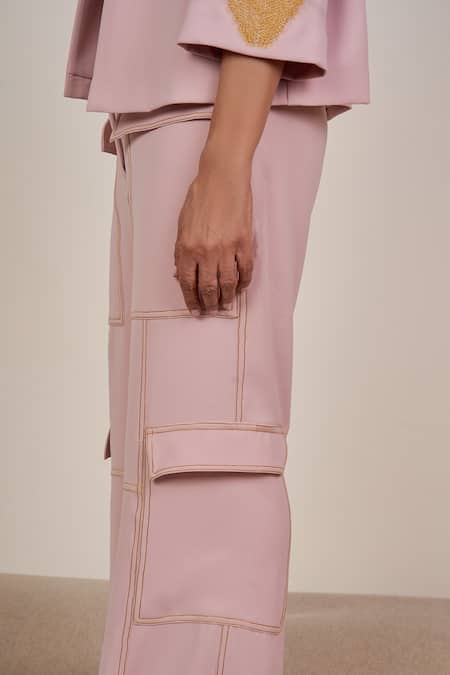 Somya Goyal_Pink Polyester Solid Cargo Pant _at_Aza_Fashions