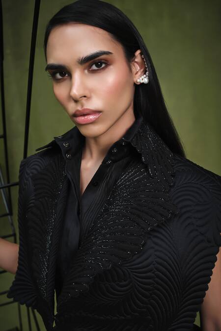 Shop Pankaj & Nidhi Black Satin Embroidery Collared Samurai Quilted Jacket Online at Aza Fashions Shop_Pankaj & Nidhi_Black Satin Embroidery Collared Samurai Quilted Jacket _Online_at_Aza_Fashions