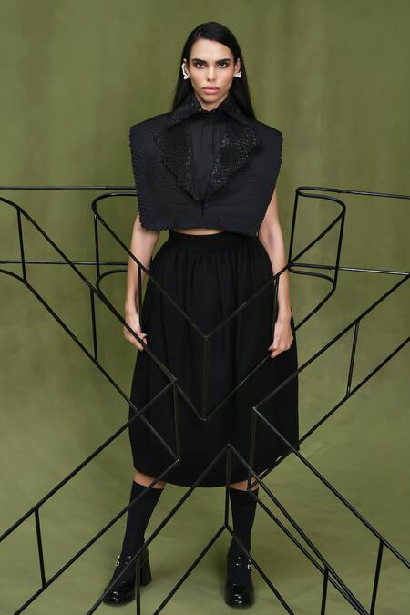 Pankaj & Nidhi Black Satin Embroidery Collared Samurai Quilted Jacket at Aza Fashions Pankaj & Nidhi_Black Satin Embroidery Collared Samurai Quilted Jacket _at_Aza_Fashions