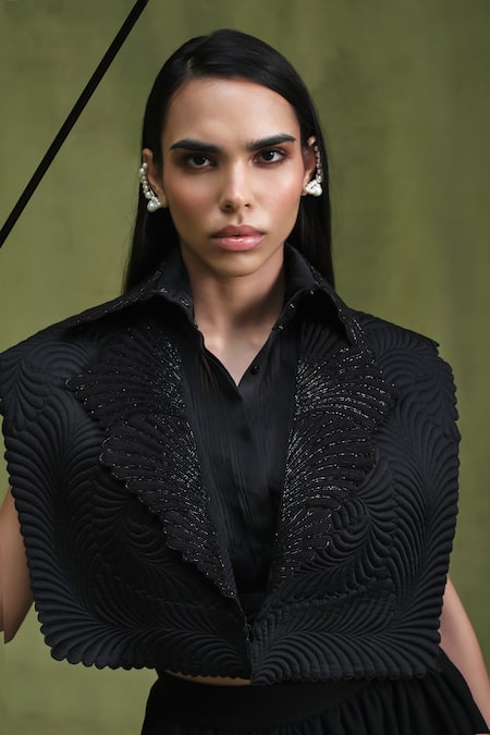 Buy Pankaj & Nidhi Black Satin Embroidery Collared Samurai Quilted Jacket Buy_Pankaj & Nidhi_Black Satin Embroidery Collared Samurai Quilted Jacket