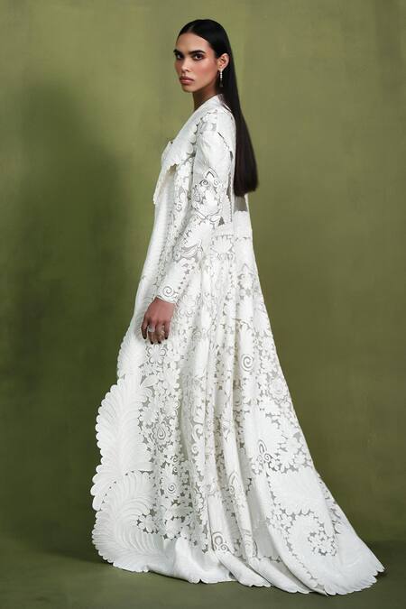 Pankaj & Nidhi_Ivory Tulle, Silk Organza Embroidery Queen Of Spades Lily Encrusted Long Jacket _at_Aza_Fashions