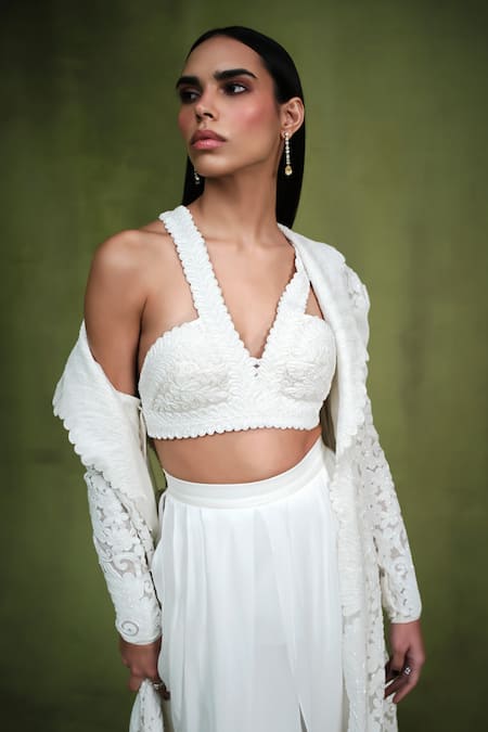 Pankaj & Nidhi_Ivory Silk Organza, Tulle, Silk, Lily Embellished Long Jacket Dhoti Set _at_Aza_Fashions