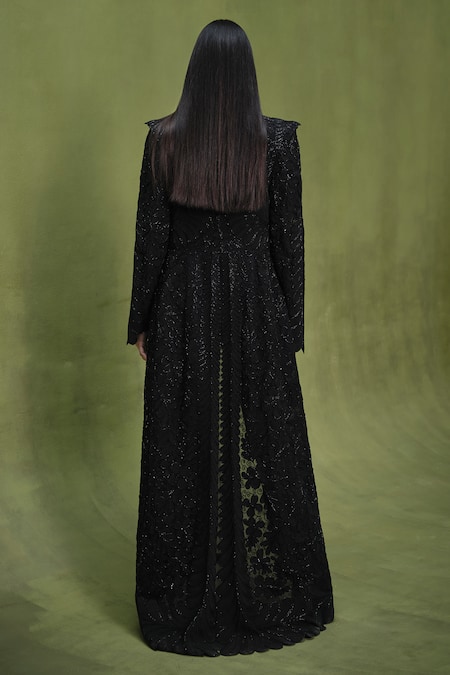 Shop_Pankaj & Nidhi_Black Tulle, Silk Organza Pearls, Queen Of Clovers Embellished Noire Jacket Set 