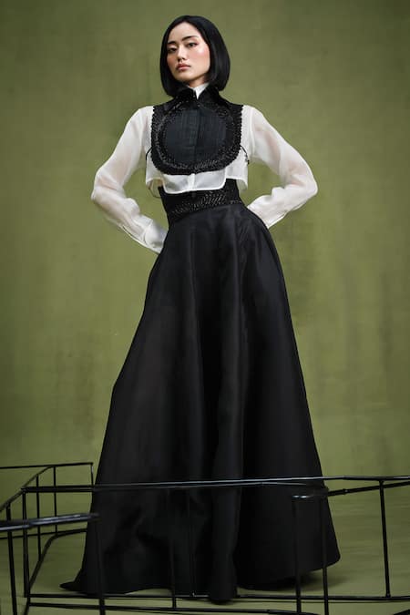 Buy_Pankaj & Nidhi_Black Twill, Tulle Embroidery Memento Articulate Skirt With Embellished Belt _Online_at_Aza_Fashions