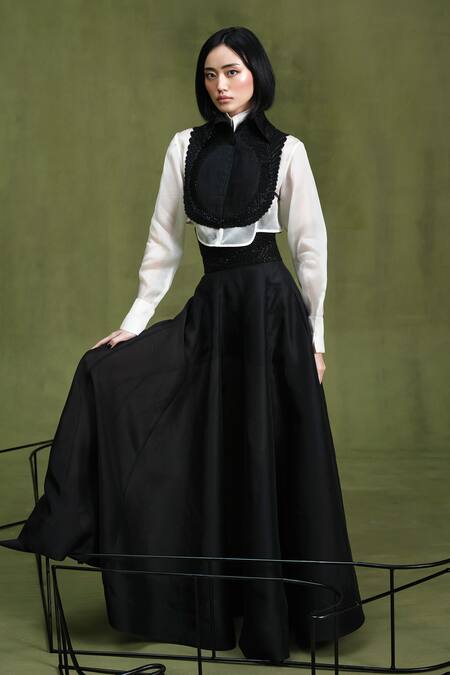 Shop_Pankaj & Nidhi_Black Twill, Tulle Embroidery Memento Articulate Skirt With Embellished Belt _Online_at_Aza_Fashions