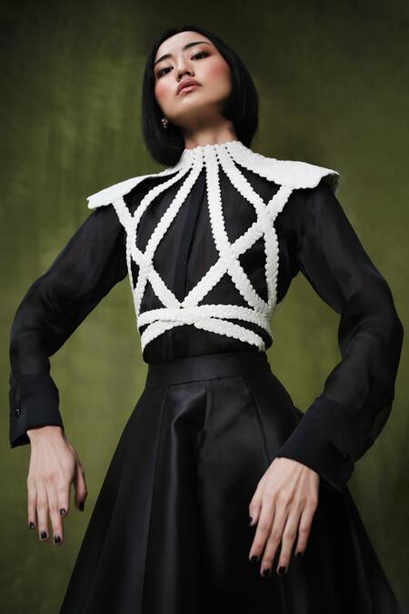 Shop Pankaj & Nidhi Ivory Silk Organza, Twill Pearls, Baldric Embellished Harness Skirt Set Online at Aza Fashions Shop_Pankaj & Nidhi_Ivory Silk Organza, Twill Pearls, Baldric Embellished Harness Skirt Set _Online_at_Aza_Fashions