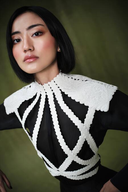 Pankaj & Nidhi Ivory Silk Organza, Twill Pearls, Baldric Embellished Harness Skirt Set at Aza Fashions Pankaj & Nidhi_Ivory Silk Organza, Twill Pearls, Baldric Embellished Harness Skirt Set _at_Aza_Fashions