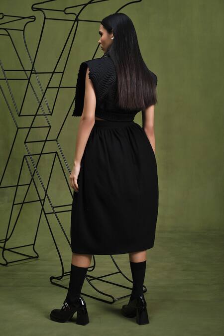 Shop Pankaj & Nidhi Black Satin, Wool Embroidery Collared Samurai Quilted Jacket And Skirt Set Online at Aza Fashions Shop_Pankaj & Nidhi_Black Satin, Wool Embroidery Collared Samurai Quilted Jacket And Skirt Set _Online_at_Aza_Fashions